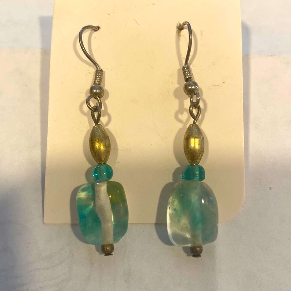 Vintage Art Deco Czech blue moulded satin glass bead earrings